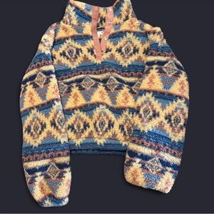 SO Women's Blue and Yellow Patterned Cowl Sweater